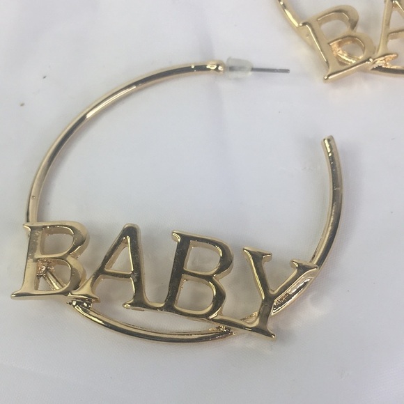 BABY spellout gold tone hoop earring 90's hiphop vibe retro - Picture 3 of 4